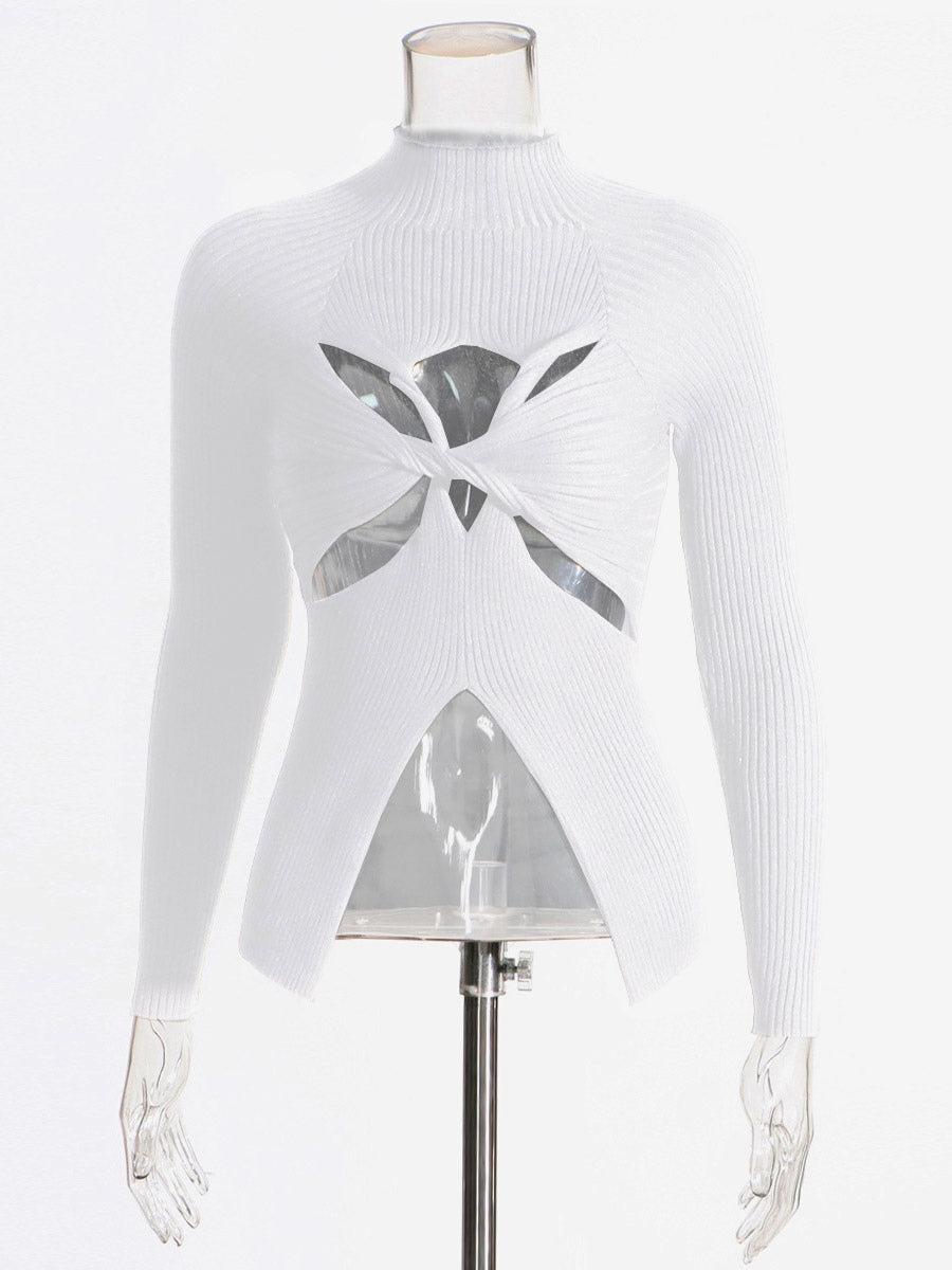 Long Sleeves Tees Black Cut Out Twisted High Collar T Shirt For Women