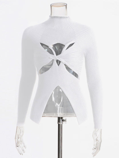 Long Sleeves Tees Black Cut Out Twisted High Collar T Shirt For Women