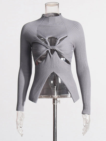 Long Sleeves Tees Black Cut Out Twisted High Collar T Shirt For Women