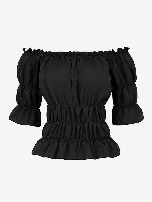Half Sleeves Tees Black Pleated Off-The-Shoulder Women T Shirt