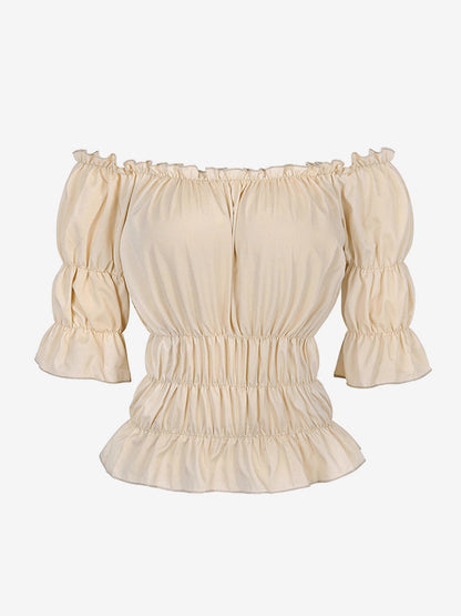 Half Sleeves Tees Black Pleated Off-The-Shoulder Women T Shirt