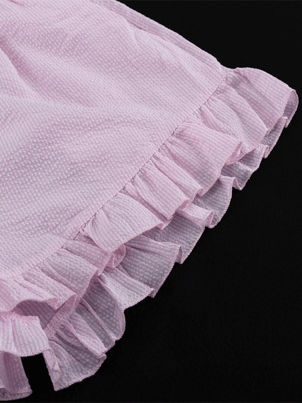 Two Piece Sets Pink Chic Stripes Daily Turndown Collar Lantern Sleeve Pant Set