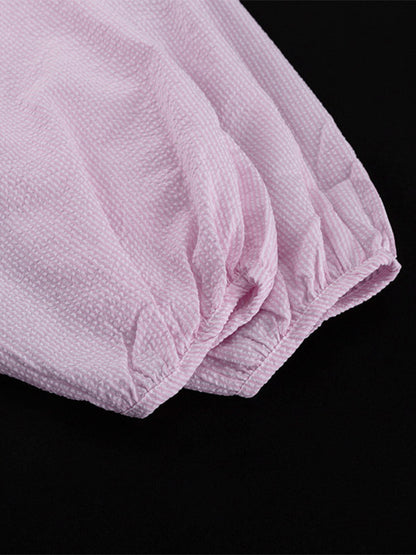 Two Piece Sets Pink Chic Stripes Daily Turndown Collar Lantern Sleeve Pant Set