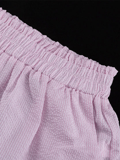 Two Piece Sets Pink Chic Stripes Daily Turndown Collar Lantern Sleeve Pant Set