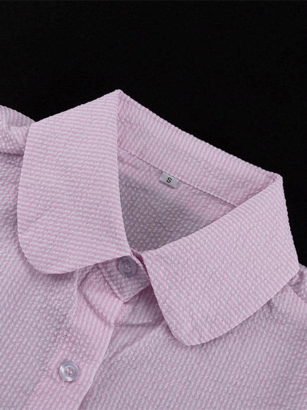 Two Piece Sets Pink Chic Stripes Daily Turndown Collar Lantern Sleeve Pant Set