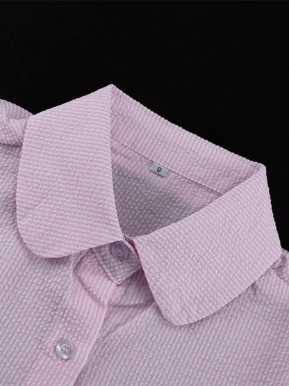 Two Piece Sets Pink Chic Stripes Daily Turndown Collar Lantern Sleeve Pant Set