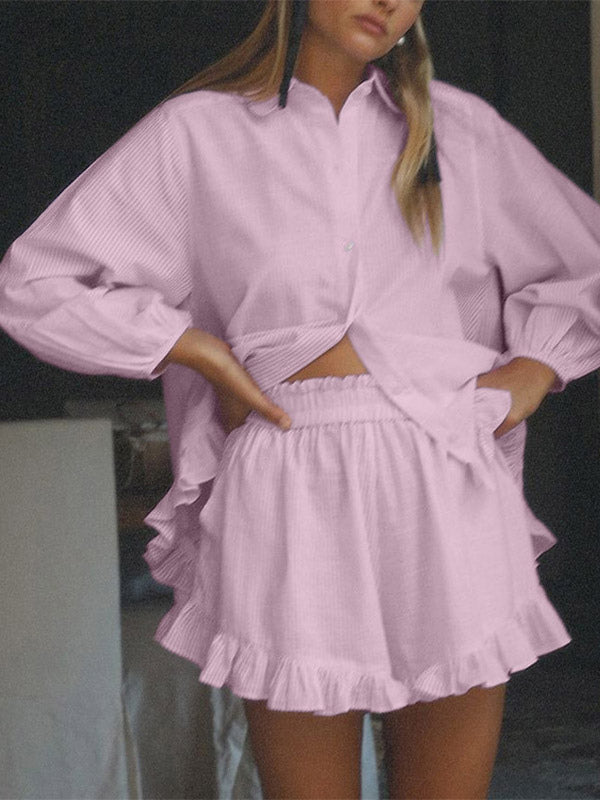 Two Piece Sets Pink Chic Stripes Daily Turndown Collar Lantern Sleeve Pant Set