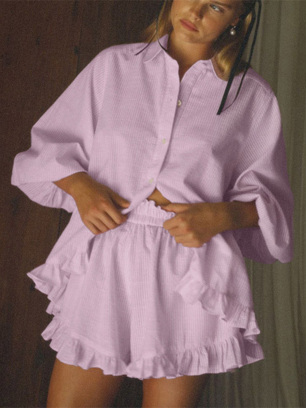 Two Piece Sets Pink Chic Stripes Daily Turndown Collar Lantern Sleeve Pant Set