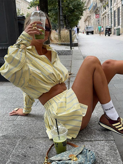 Two Piece Sets Blue Casual Stripes Street Wear Turndown Collar Lantern Sleeve Pant Set