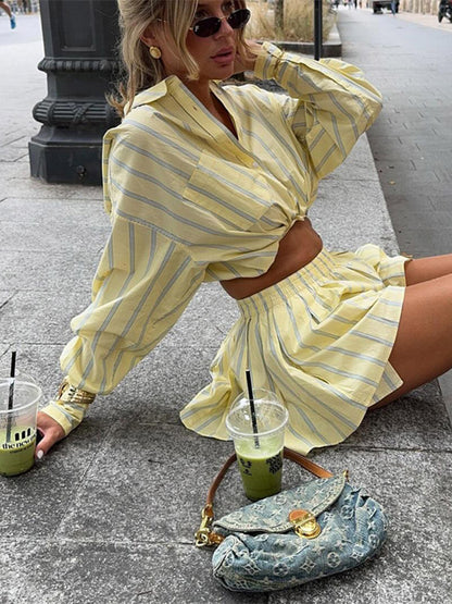 Two Piece Sets Blue Casual Stripes Street Wear Turndown Collar Lantern Sleeve Pant Set