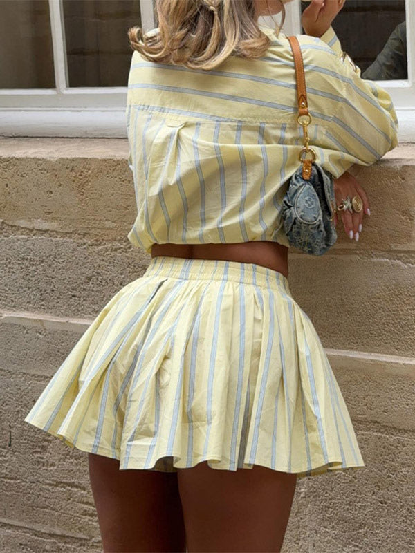Two Piece Sets Blue Casual Stripes Street Wear Turndown Collar Lantern Sleeve Pant Set