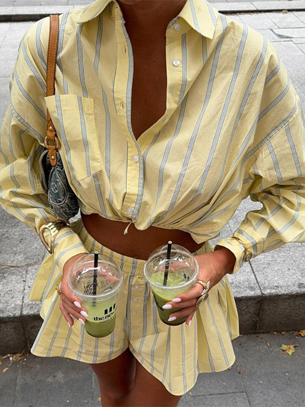 Two Piece Sets Blue Casual Stripes Street Wear Turndown Collar Lantern Sleeve Pant Set