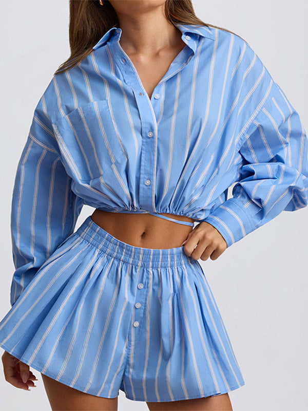 Two Piece Sets Blue Casual Stripes Street Wear Turndown Collar Lantern Sleeve Pant Set