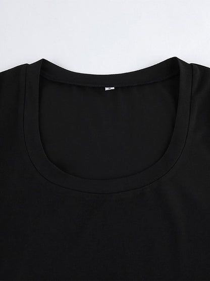 Short Sleeves Tees Black U-Neck T Shirt For Women