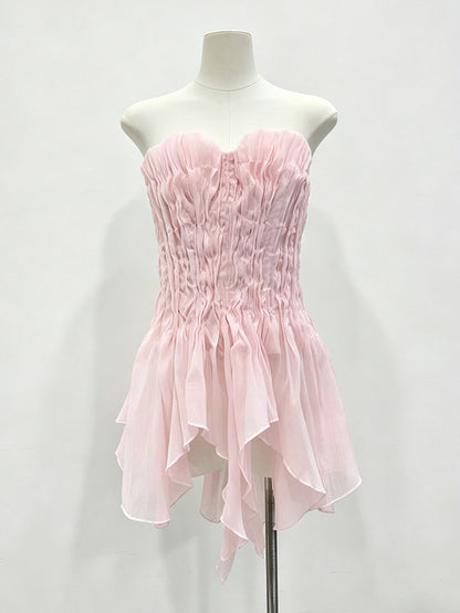 Pink Cami Top Strapless Pleated Ruffles Chic Ruffled Women Camis
