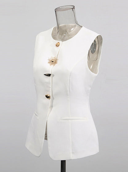 White Cami Top Jewel Neck Buttons Chic Camis For Women