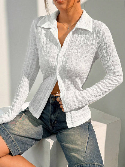 Blouse For Women White Buttons Turndown Collar Casual Long Sleeves Tops
