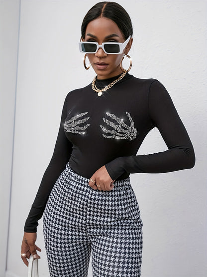 Long Sleeves Tees Black Skull Pattern Rhinestones Jewel Neck Women Tee Shirt