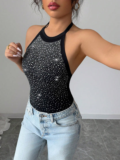 Sleeveless Bodysuit Black Halter Rhinestones Backless Chic Cotton Women Top