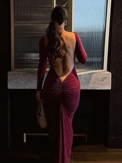 Night Out Dresses Burgundy Long Sleeves Off-The-Shoulder Backless Summer Dress