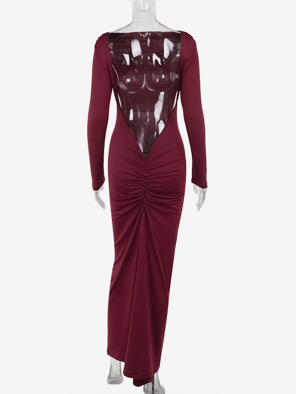 Night Out Dresses Burgundy Long Sleeves Off-The-Shoulder Backless Summer Dress