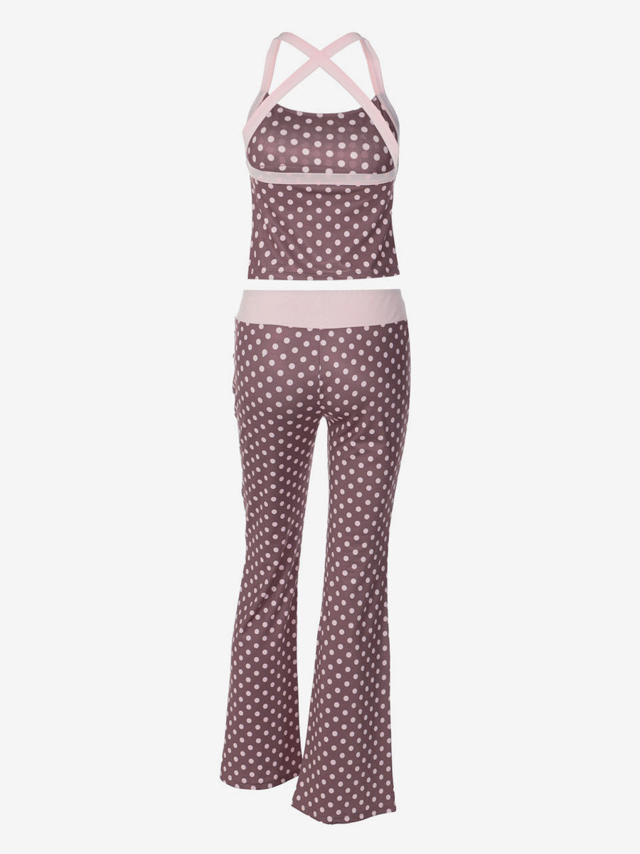 Two Piece Sets Red Polka Dot Daily Casual Straps Neck Sleeveless Chic Pant Set