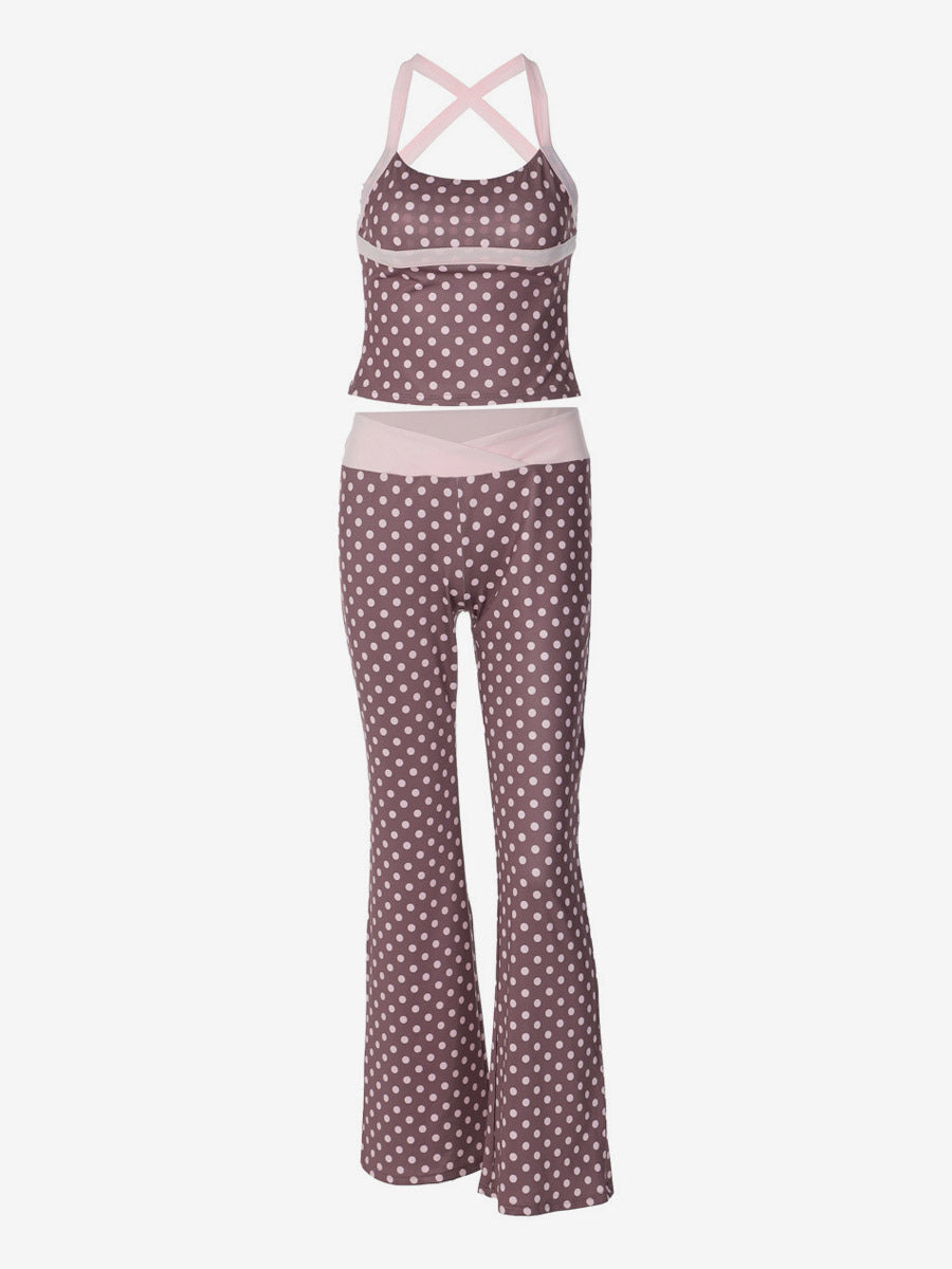 Two Piece Sets Red Polka Dot Daily Casual Straps Neck Sleeveless Chic Pant Set