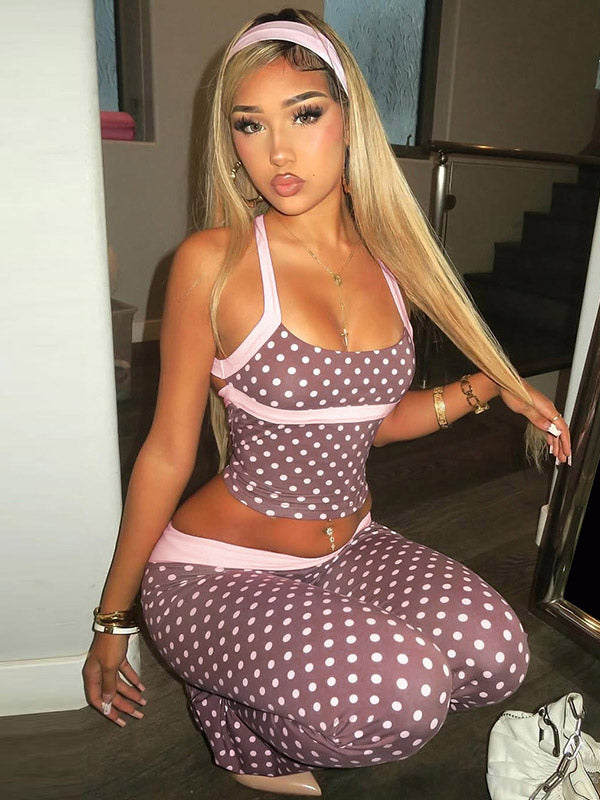 Two Piece Sets Red Polka Dot Daily Casual Straps Neck Sleeveless Chic Pant Set