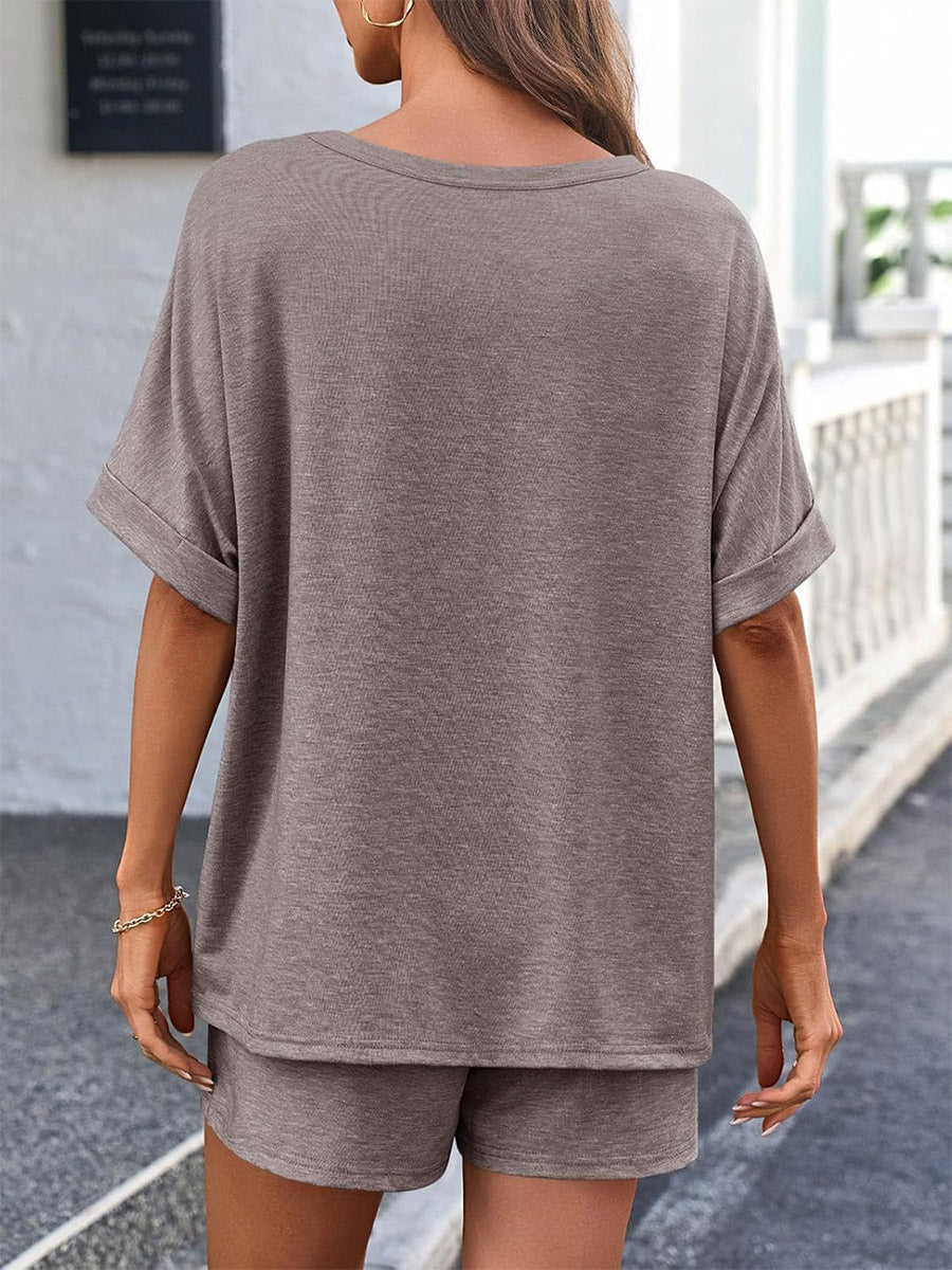 Two Piece Sets Khaki Street Wear Jewel Neck T-Shirt Sleeves Short Sleeves Casual Pant Set
