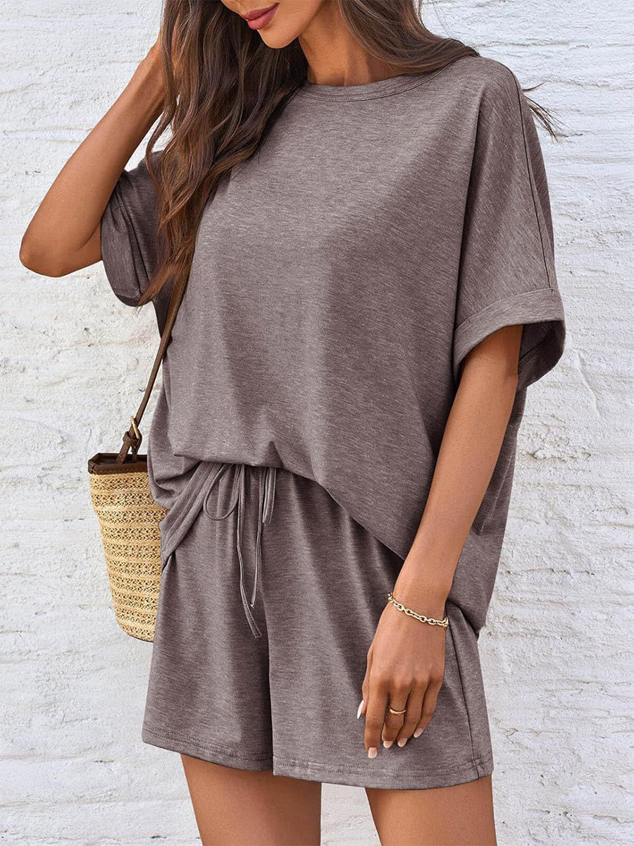 Two Piece Sets Khaki Street Wear Jewel Neck T-Shirt Sleeves Short Sleeves Casual Pant Set