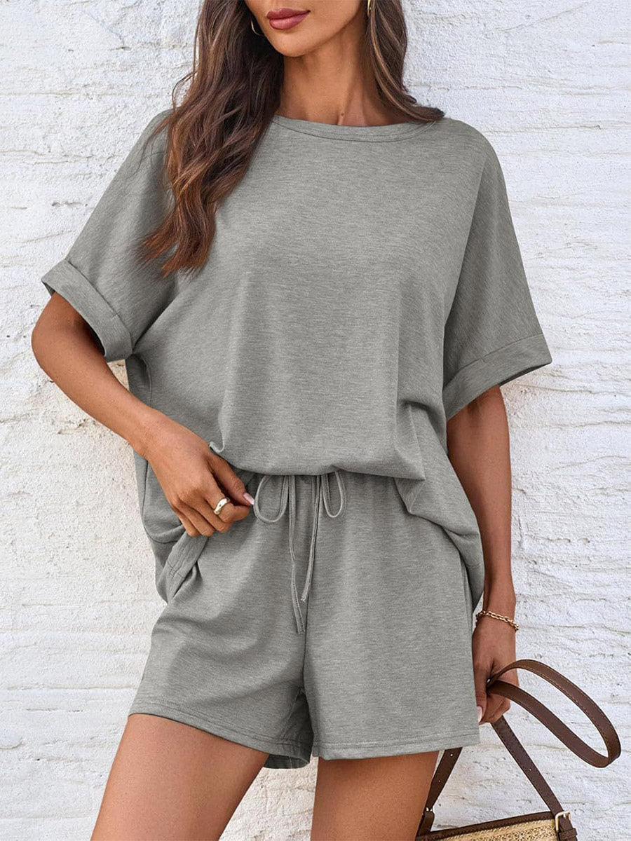 Two Piece Sets Khaki Street Wear Jewel Neck T-Shirt Sleeves Short Sleeves Casual Pant Set