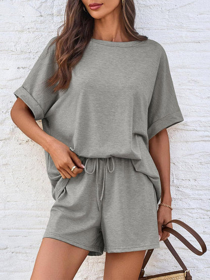 Two Piece Sets Khaki Street Wear Jewel Neck T-Shirt Sleeves Short Sleeves Casual Pant Set