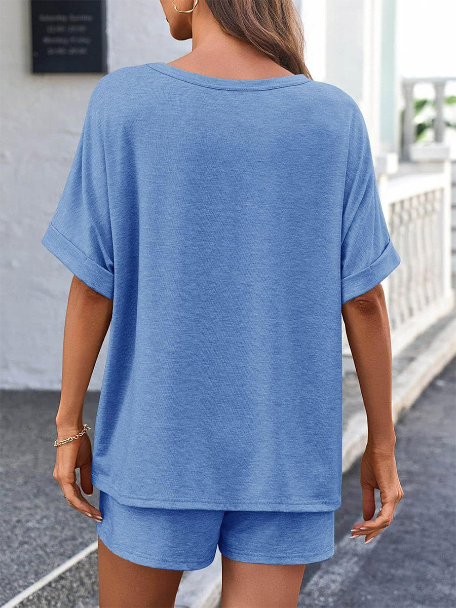 Two Piece Sets Khaki Street Wear Jewel Neck T-Shirt Sleeves Short Sleeves Casual Pant Set