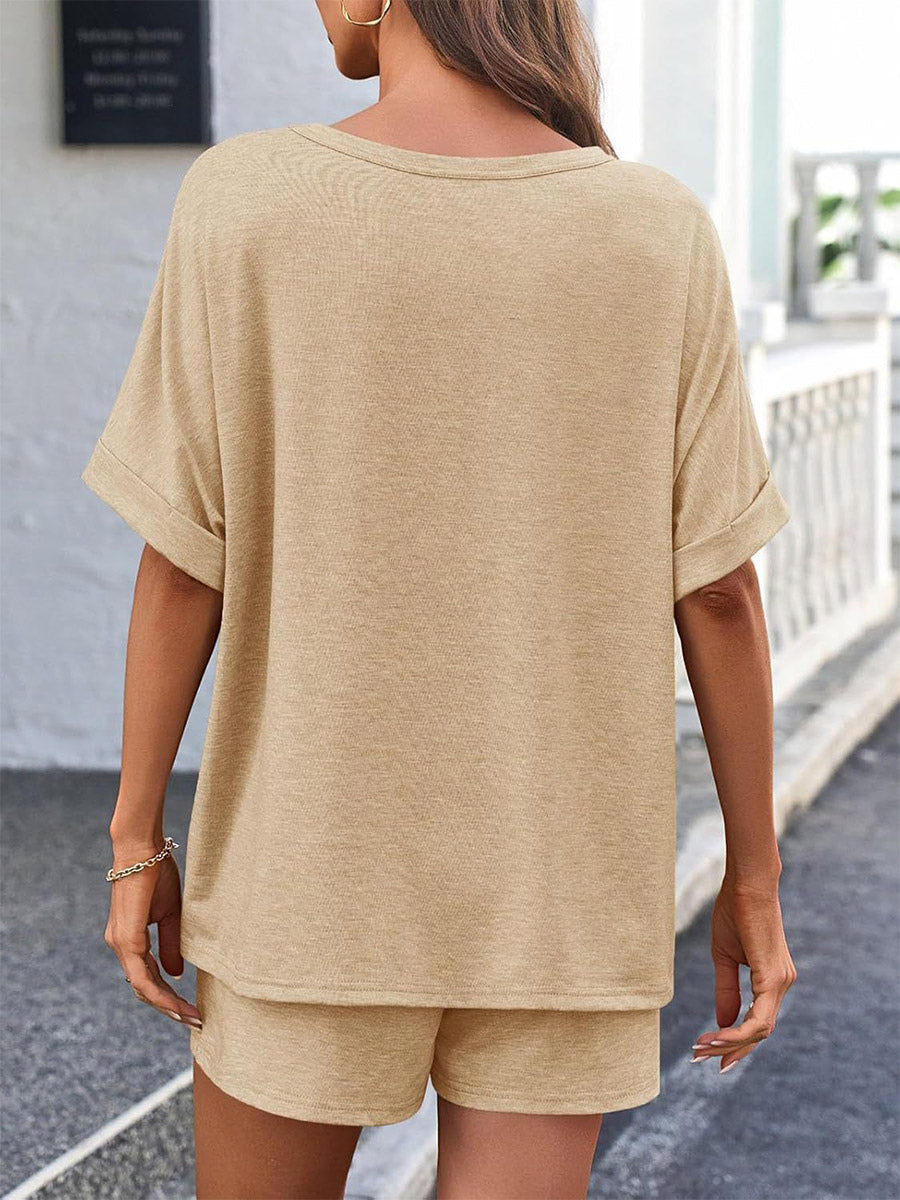 Two Piece Sets Khaki Street Wear Jewel Neck T-Shirt Sleeves Short Sleeves Casual Pant Set