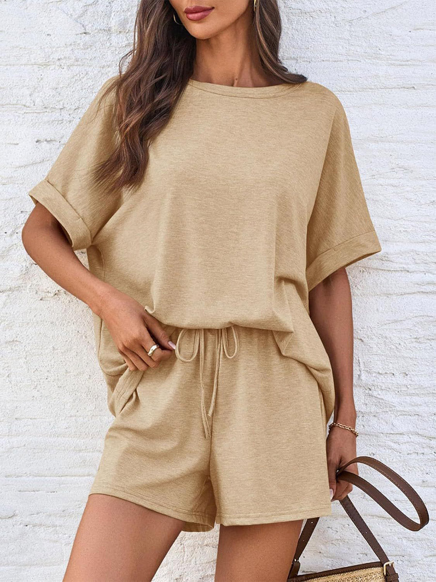Two Piece Sets Khaki Street Wear Jewel Neck T-Shirt Sleeves Short Sleeves Casual Pant Set