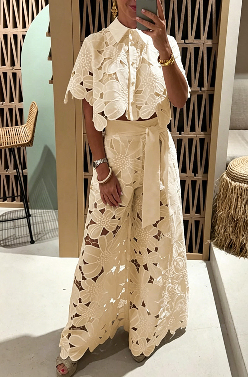 Two Piece Sets White Daily Casual Cut Out Turndown Collar Short Sleeves Elegant Pant Set