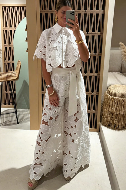 Two Piece Sets White Daily Casual Cut Out Turndown Collar Short Sleeves Elegant Pant Set
