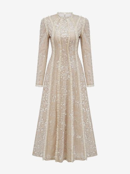 Party Dress Maxi Champagne Stand Collar Sequins Long Sleeves Elegant Semi Formal Dress