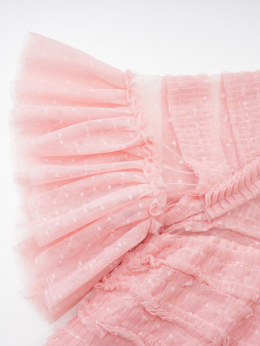 Date Night Dresses Maxi Layered Pleated Short Sleeves Jewel Neck Elegant Pink Dress
