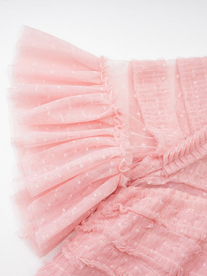 Date Night Dresses Maxi Layered Pleated Short Sleeves Jewel Neck Elegant Pink Dress