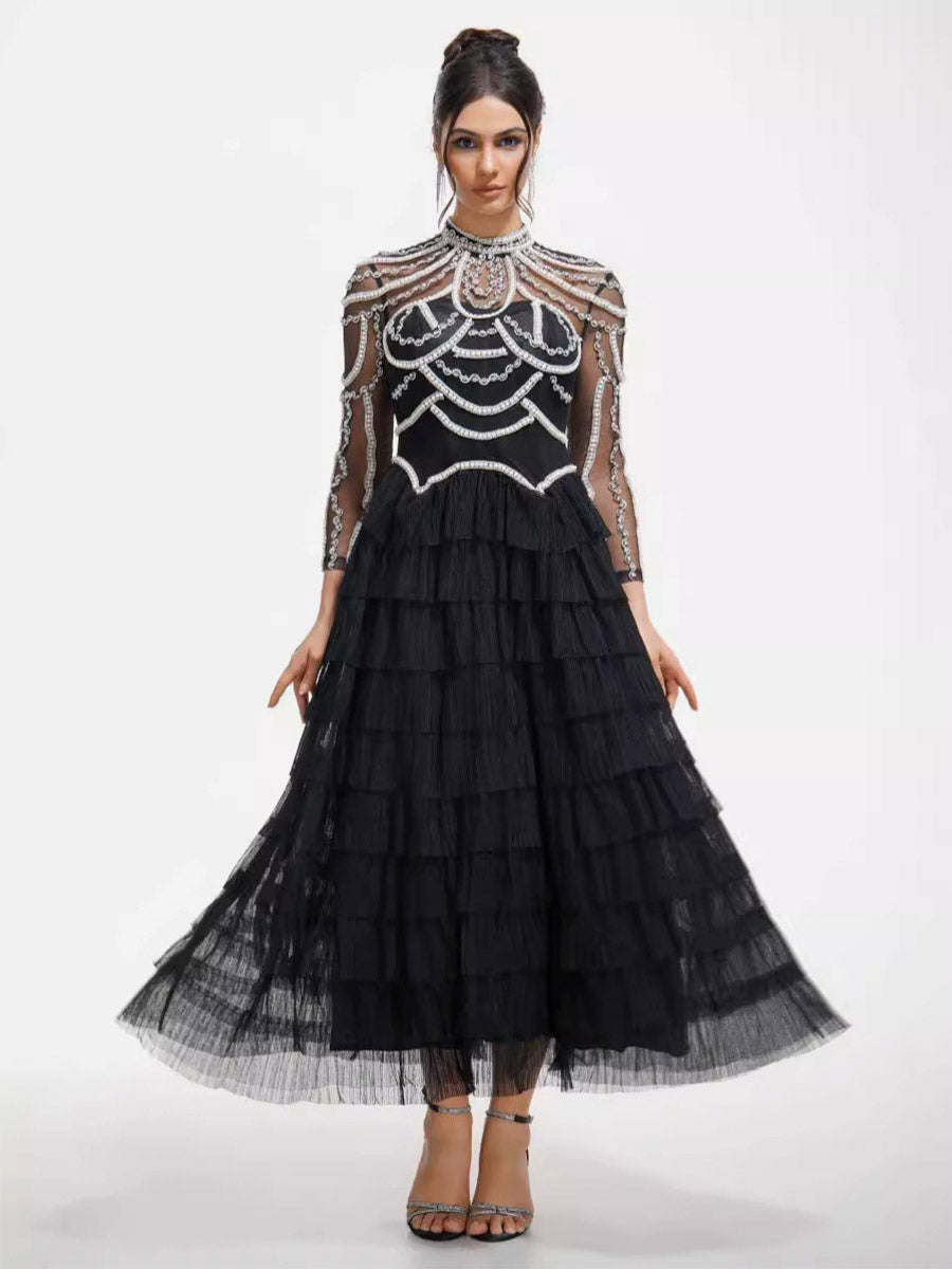 Party Dress Maxi Pink Stand Collar Beaded Long Sleeves Layered Flared Sleeves Chic Semi Formal Dress