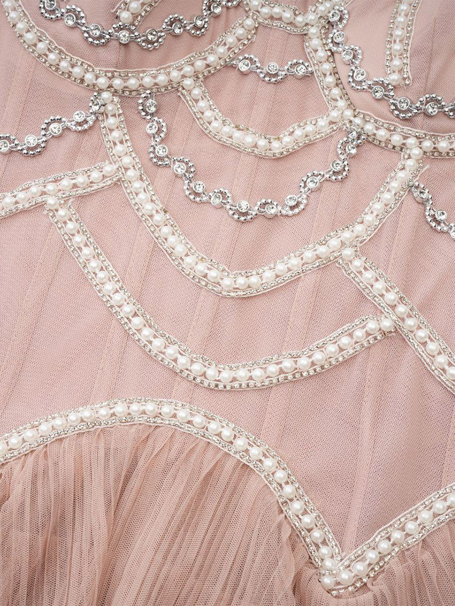 Party Dress Maxi Pink Stand Collar Beaded Long Sleeves Layered Flared Sleeves Chic Semi Formal Dress