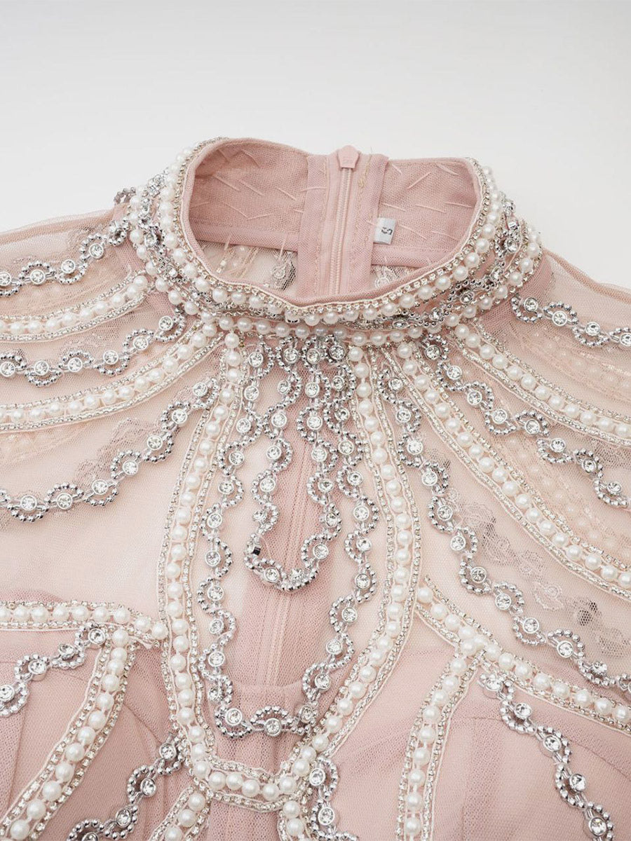 Party Dress Maxi Pink Stand Collar Beaded Long Sleeves Layered Flared Sleeves Chic Semi Formal Dress