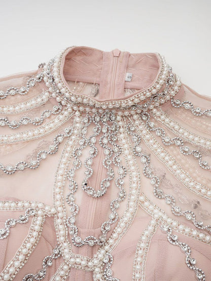Party Dress Maxi Pink Stand Collar Beaded Long Sleeves Layered Flared Sleeves Chic Semi Formal Dress