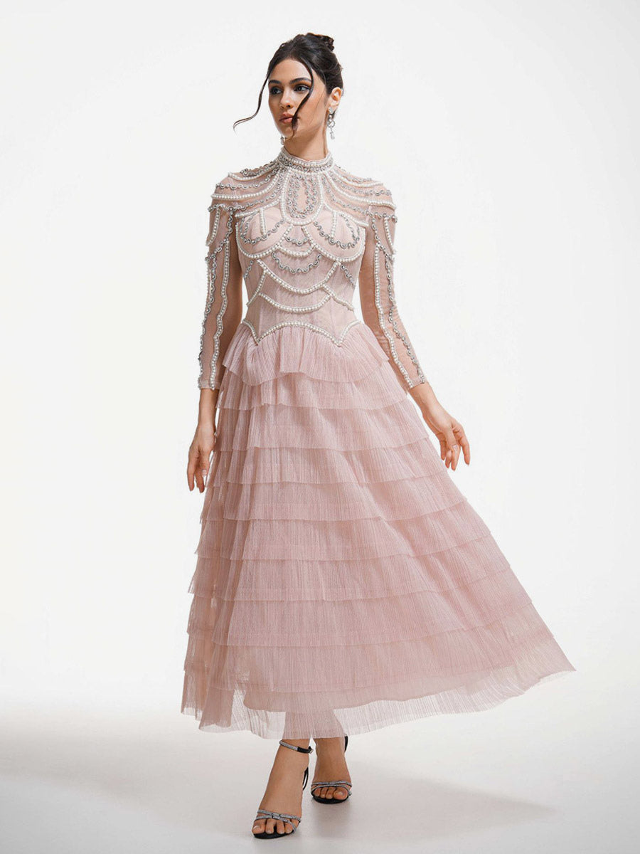 Party Dress Maxi Pink Stand Collar Beaded Long Sleeves Layered Flared Sleeves Chic Semi Formal Dress