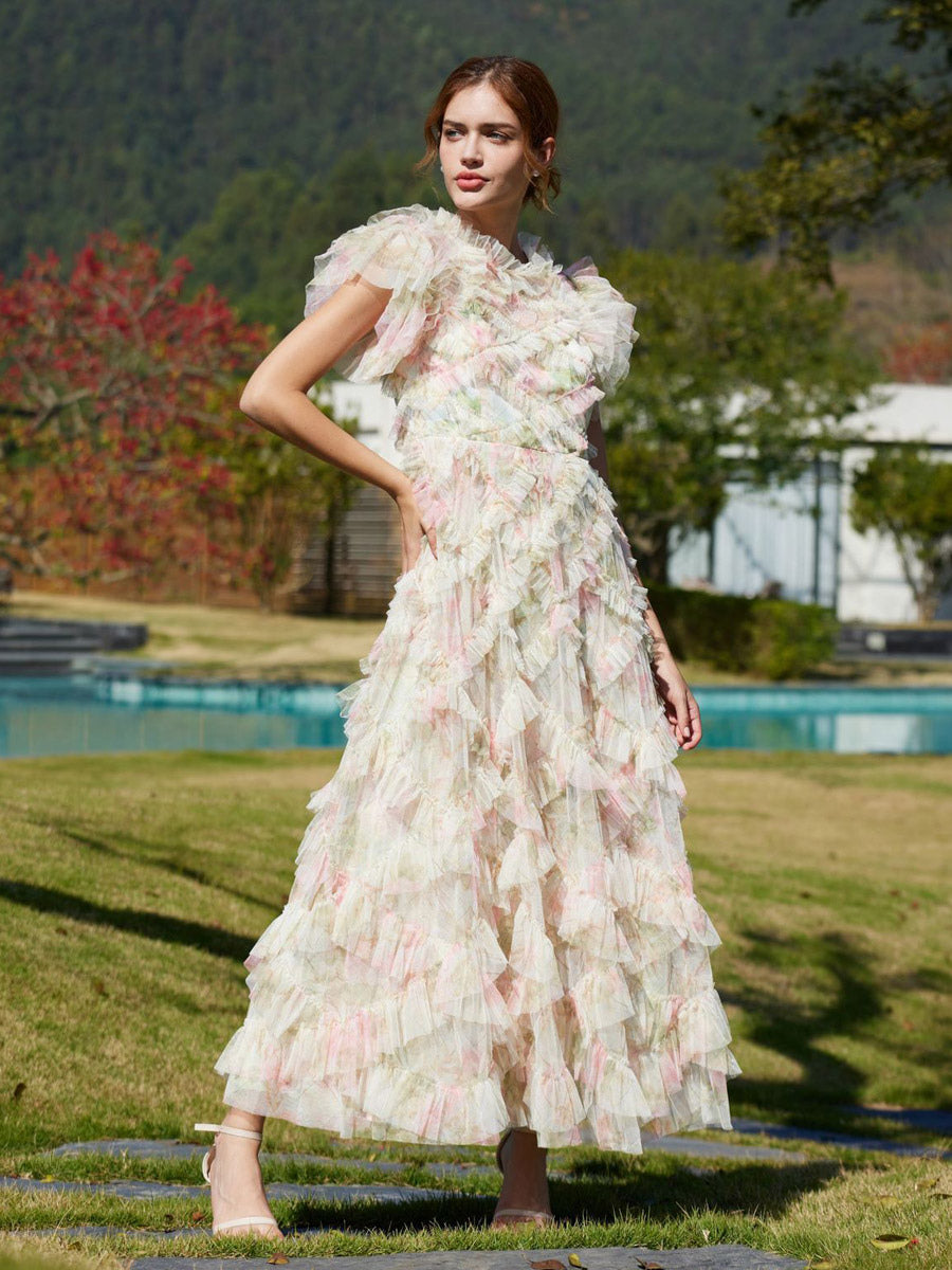 Party Dress Maxi Apricot Stand Collar Sleeveless Layered Sweet Semi Formal Dress