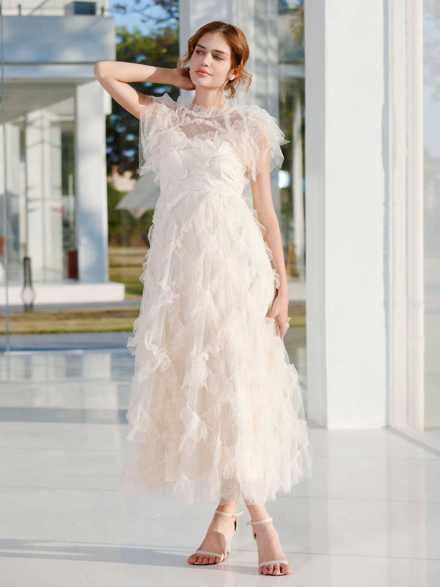 Party Dress Maxi Apricot Stand Collar Sleeveless Layered Sweet Semi Formal Dress