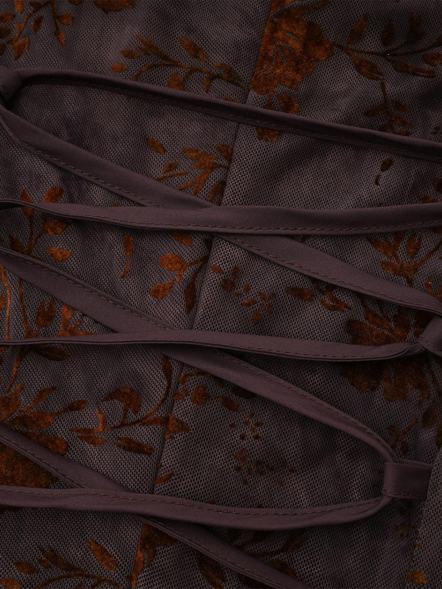 Party Dress Maxi Stand Collar Long Sleeves Floral Print Long Flared Sleeves Deep Brown Gown
