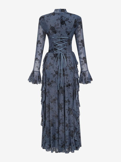 Party Dress Maxi Stand Collar Long Sleeves Floral Print Long Flared Sleeves Deep Brown Gown