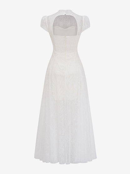 Party Dress Maxi White Stand Collar Short Sleeves Flared Sleeves Retro Semi Formal Dress